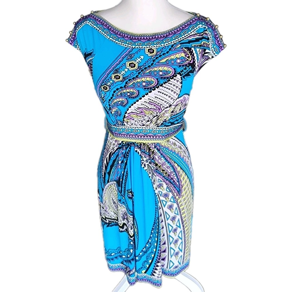 New York & Company Dress Womens XS Turquoise Paisley Stretch Career Cruise NWT